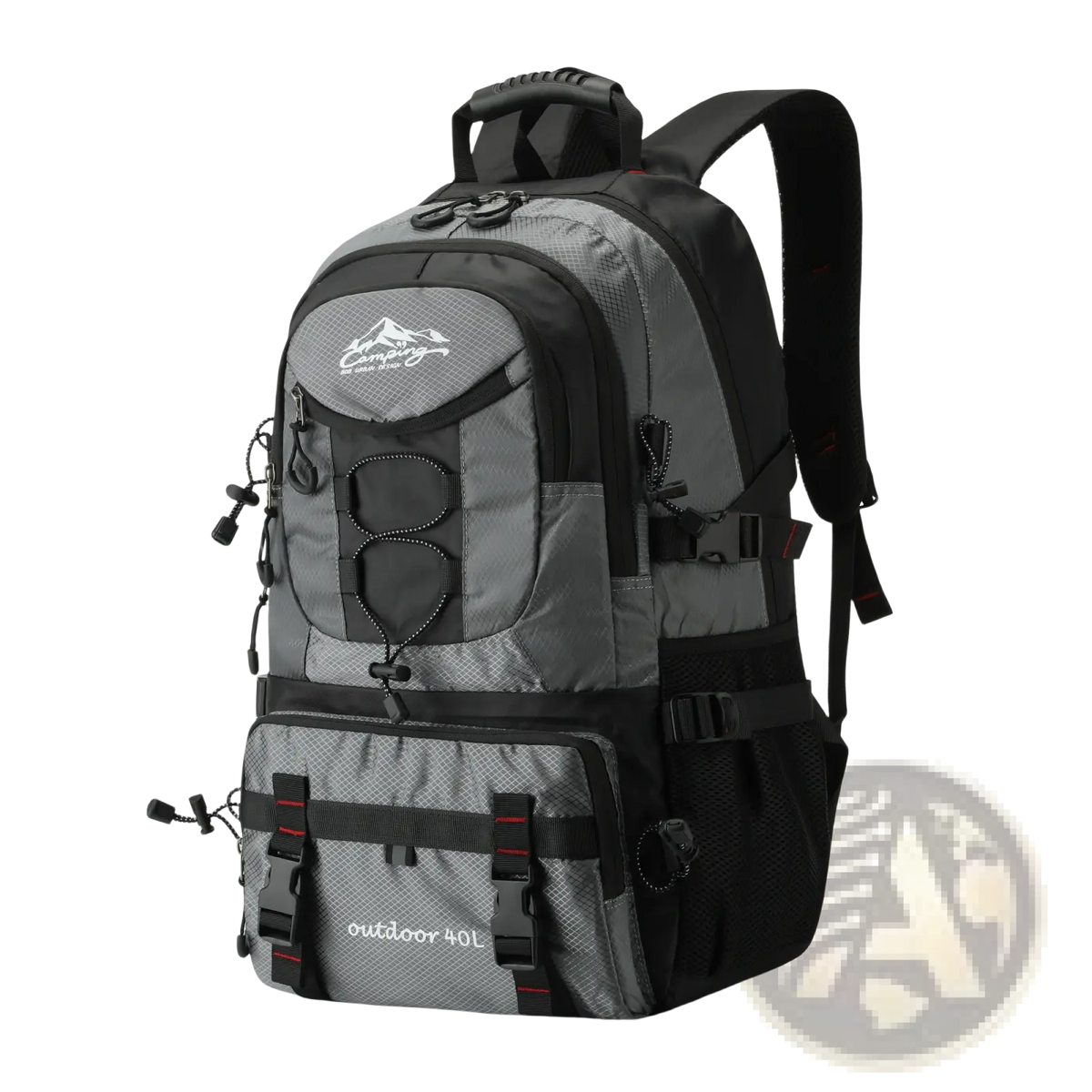Gray and black 40l tactical hiking backpack with waterproof material and mountain logo on front pocket for outdoor use