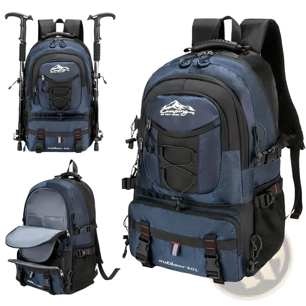 Navy blue and black 40l tactical hiking backpack with waterproof fabric mesh panels adjustable straps and mountain logo