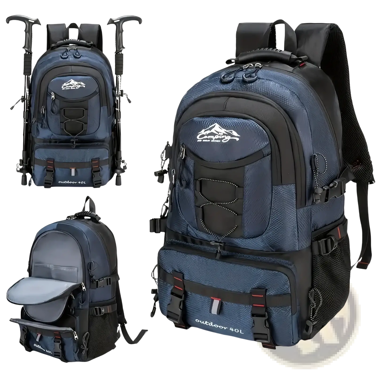 Navy blue and black 40l tactical hiking backpack with waterproof fabric mesh panels adjustable straps and mountain logo