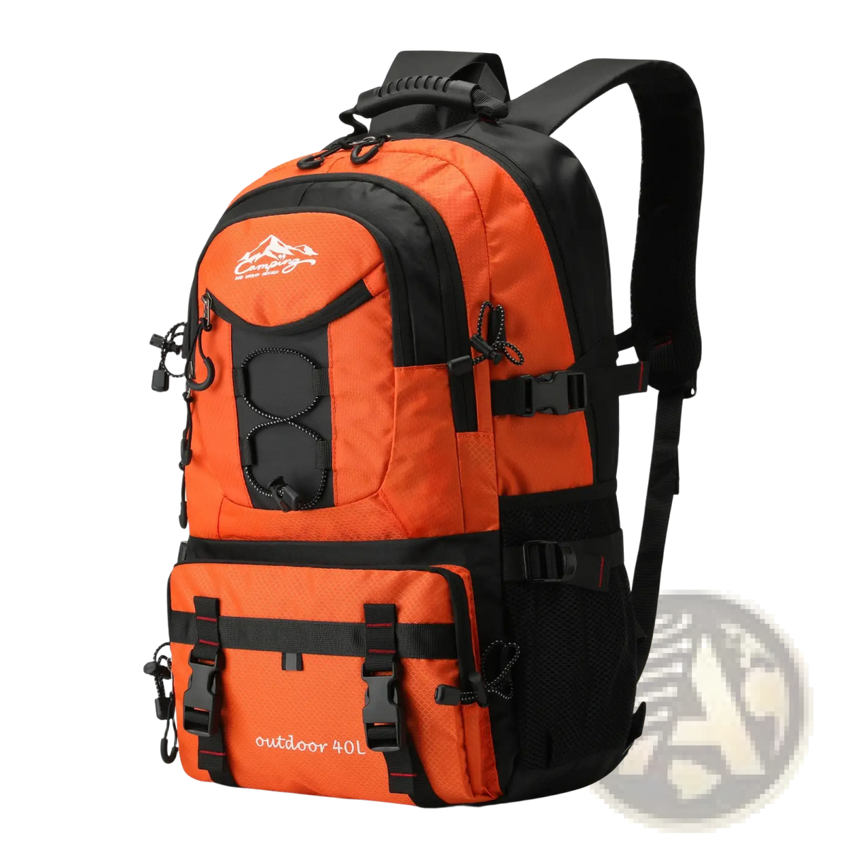 40l tactical hiking backpack in bright orange and black with durable fabric, multiple compartments, and adjustable straps