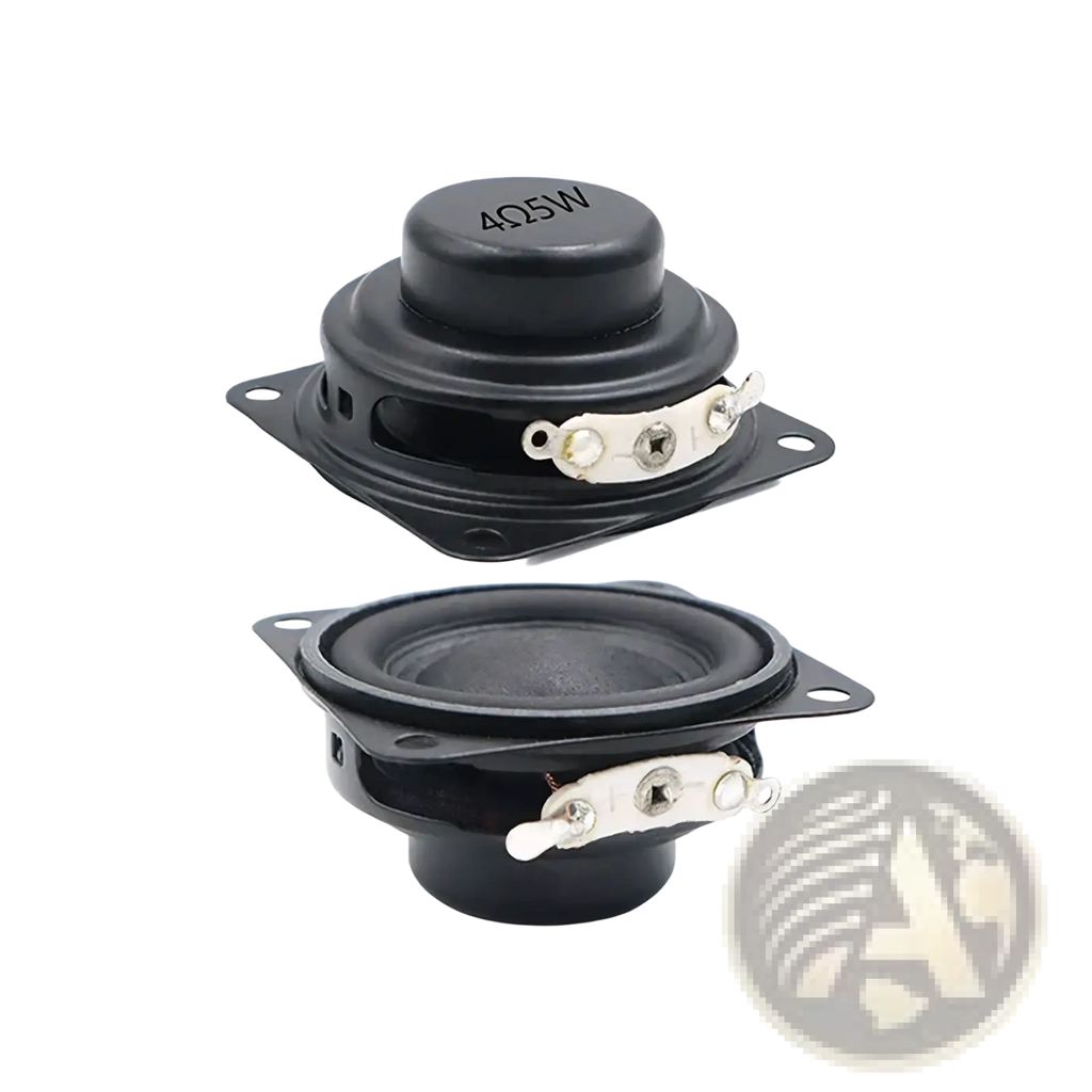 Black 40mm 4 ohm 5w full range bluetooth speaker driver components with metallic terminals and circular top plate back view