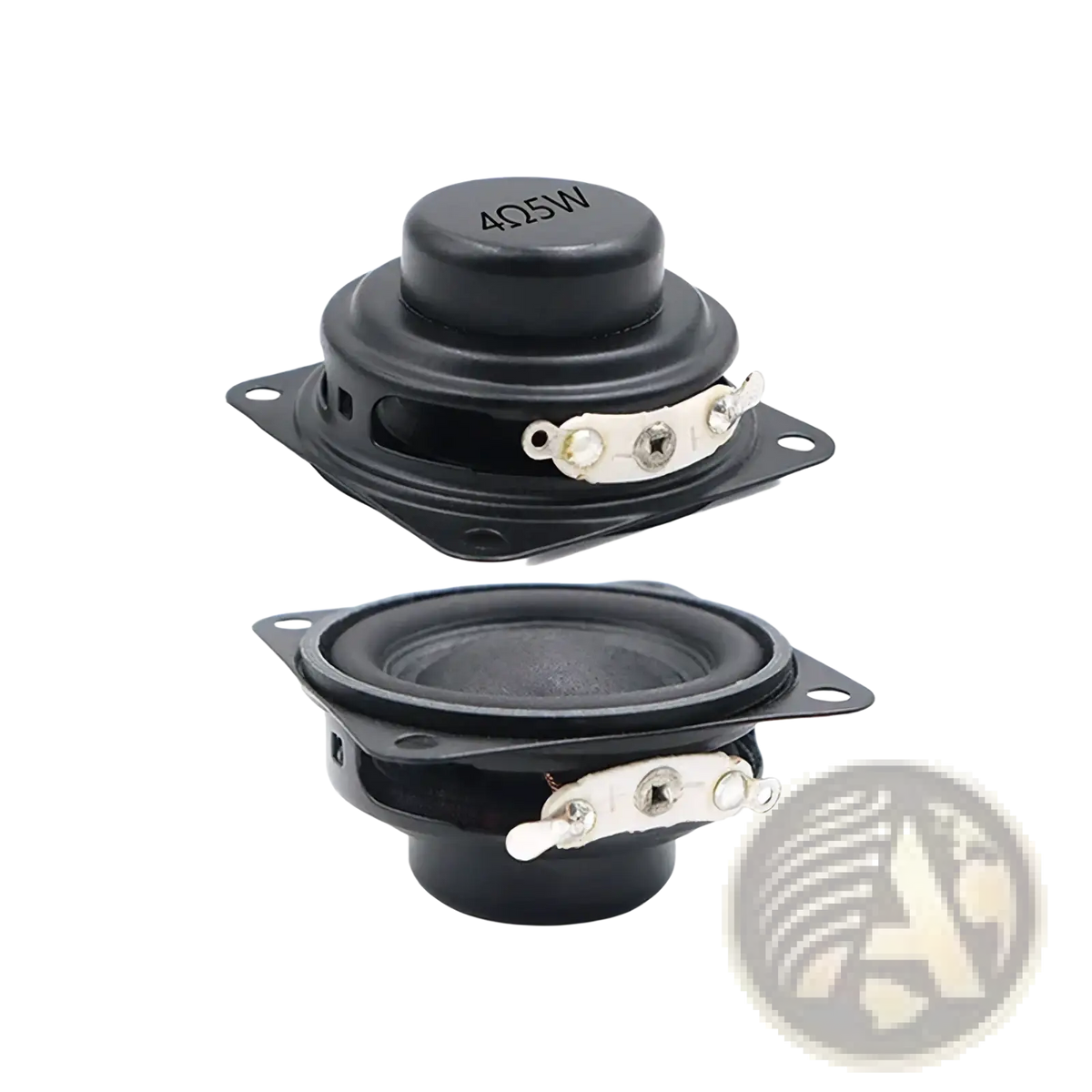 Black 40mm 4 ohm 5w full range bluetooth speaker driver components with metallic terminals and circular top plate back view