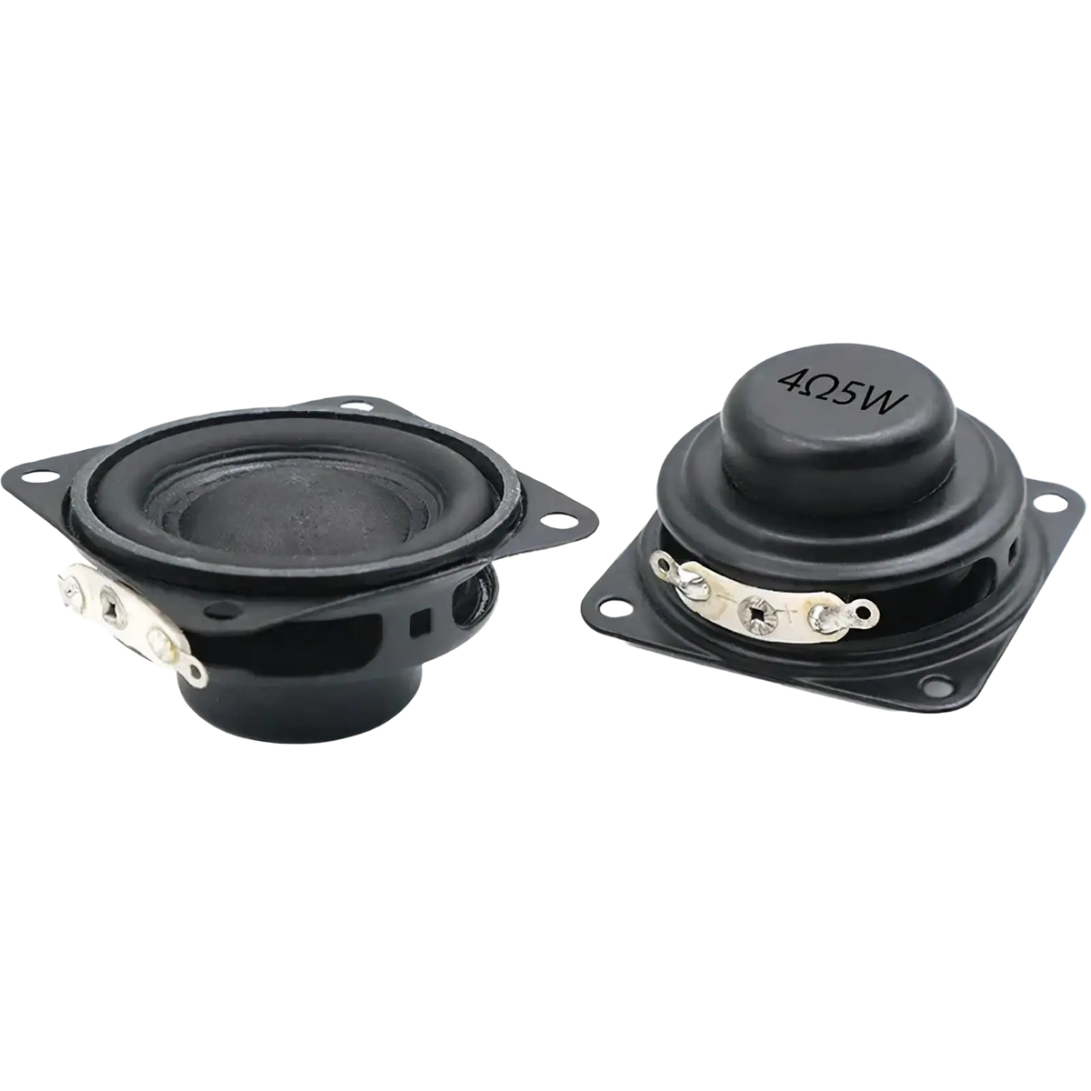 Black 40mm 4 ohm 5w full range bluetooth speaker driver showing mini speaker drivers with metallic terminals and square brackets