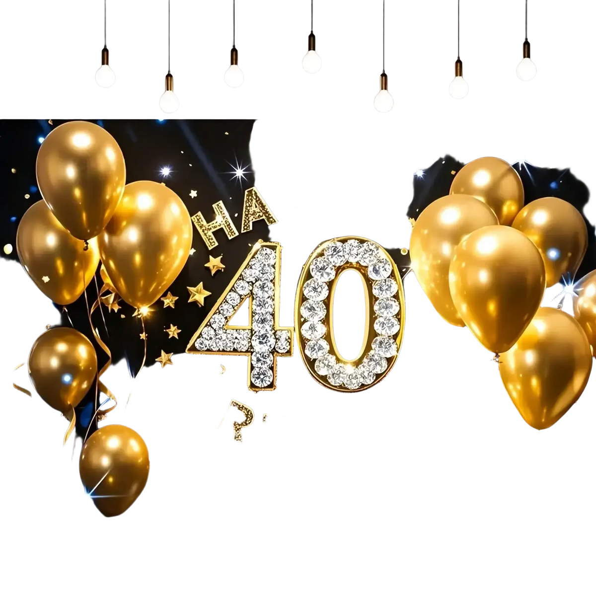 Black gold glitter photography backdrop with gilded balloon clusters and diamond encrusted 40th birthday numeral