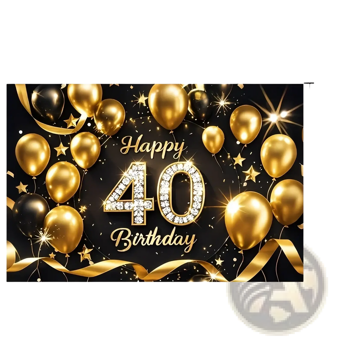 A glamorous black and gold 40th birthday photography backdrop with diamond-encrusted numerals and golden balloons