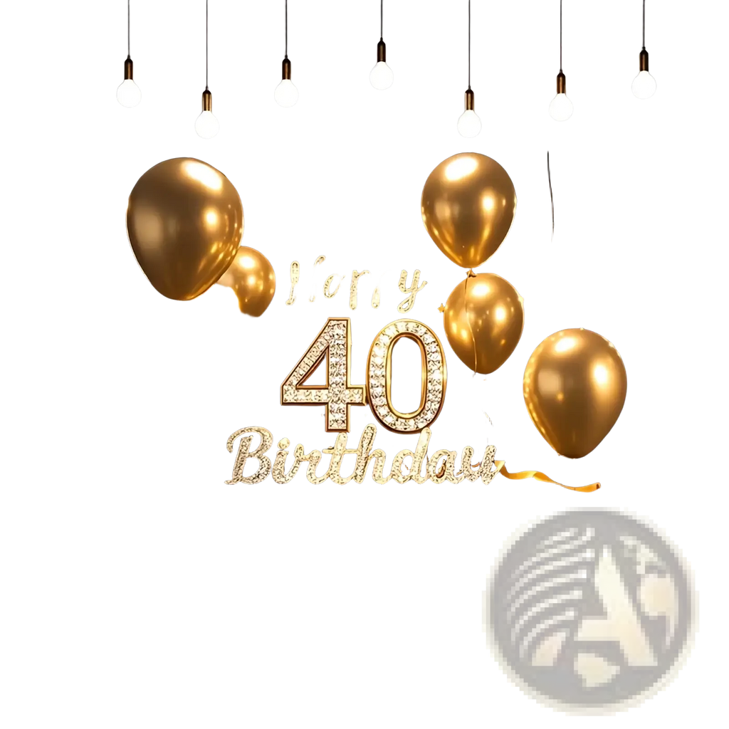 Golden balloon backdrop with happy 40 birthday text and glittering stars for 40th birthday black gold glitter photography backdrop