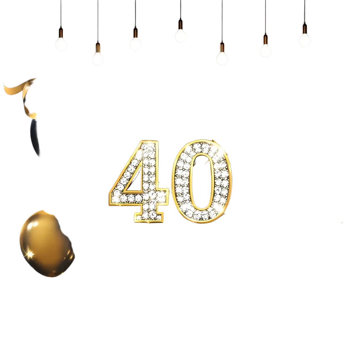 A shimmering gold and black glitter photography backdrop with happy 40th birthday design and festive balloons and stars
