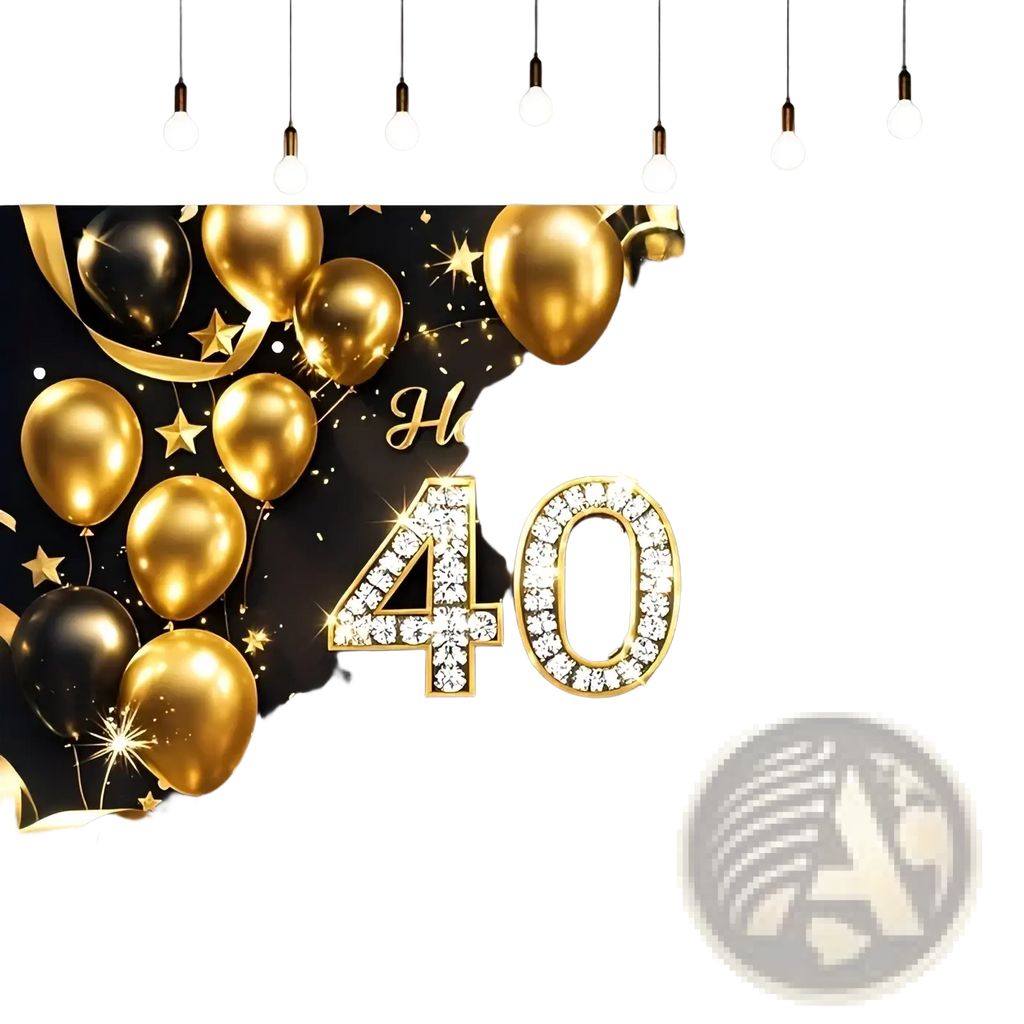 40th birthday black gold glitter photography backdrop with shimmering balloons stars and ribbons for celebration