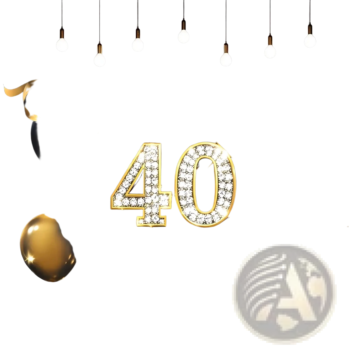 A shimmering gold and black glitter photography backdrop with happy 40th birthday design and festive balloons and stars