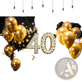 Black gold glitter photography backdrop featuring gold balloon 40 numbers and sparkling diamond-encrusted stars