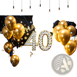 Black gold glitter photography backdrop featuring gold balloon 40 numbers and sparkling diamond-encrusted stars