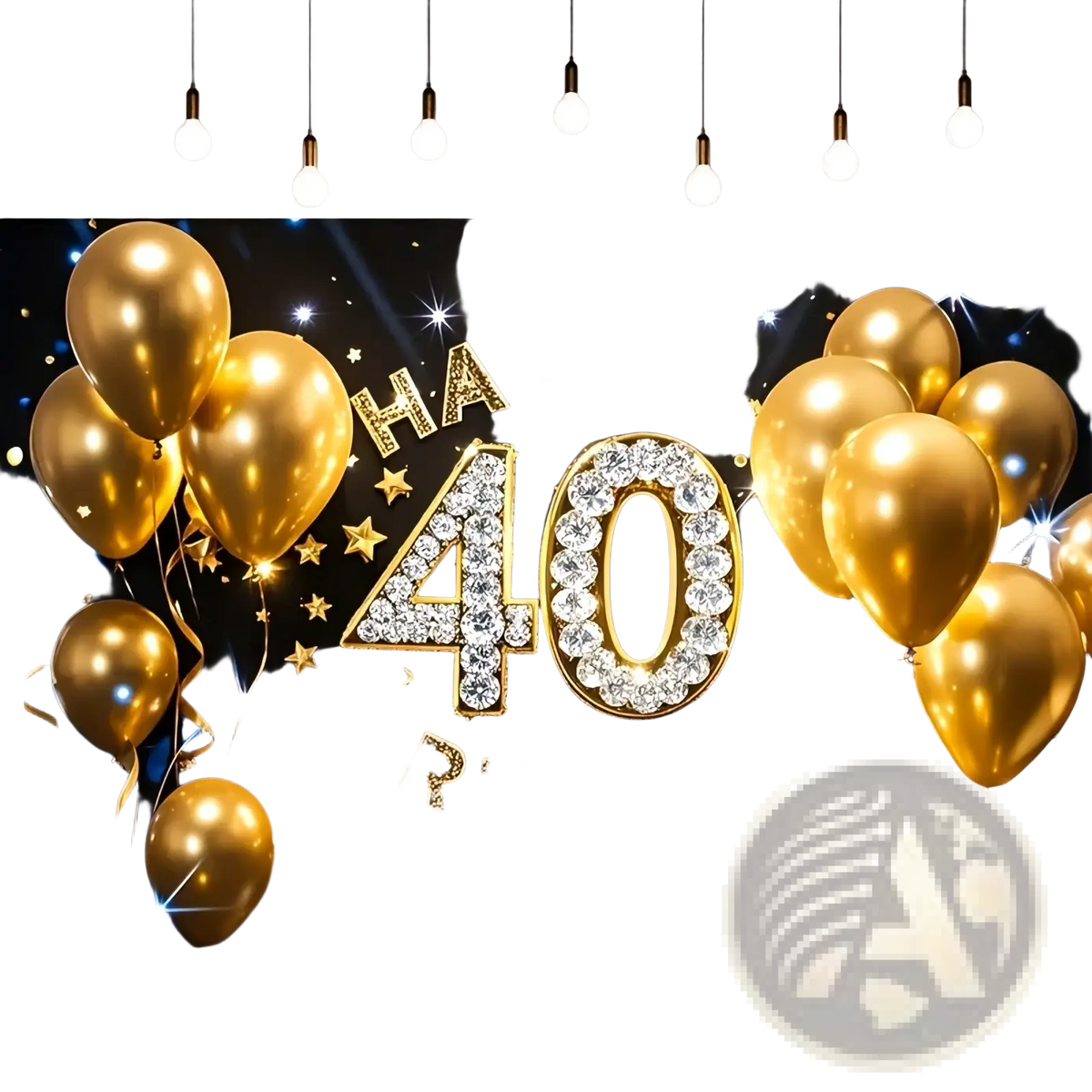 Black gold glitter photography backdrop featuring gold balloon 40 numbers and sparkling diamond-encrusted stars