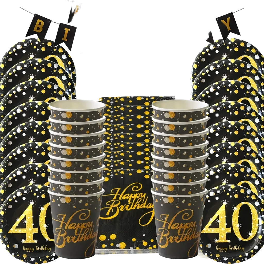 40th birthday black gold disposable partyware set with confetti pattern happy birthday script and prominent 40 on plates