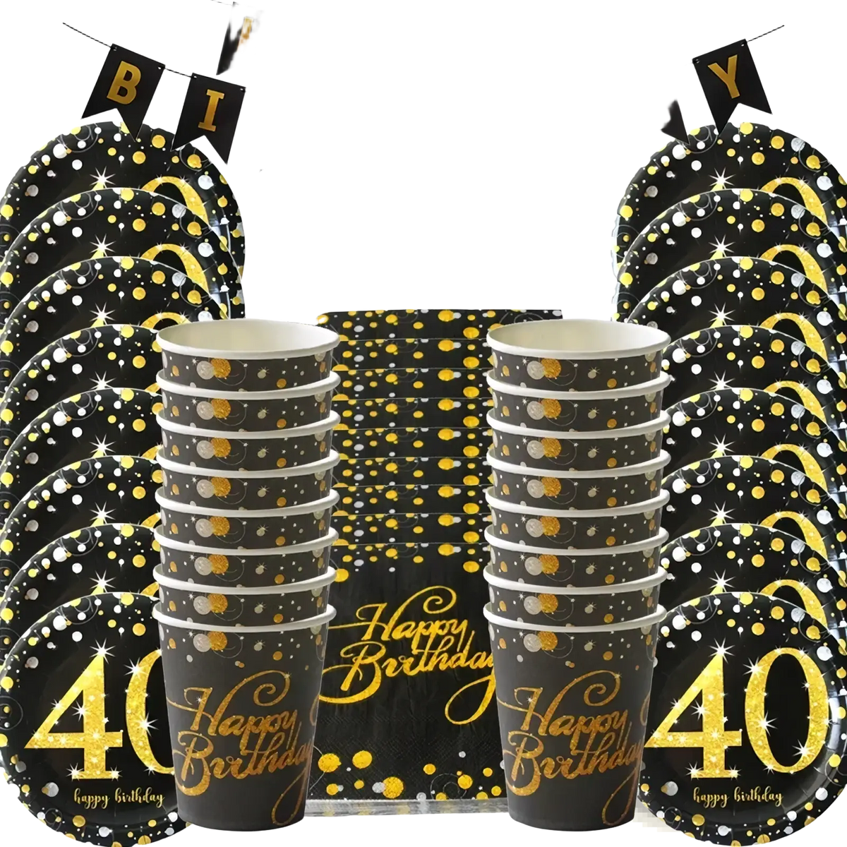 40th birthday black gold disposable partyware set with confetti pattern happy birthday script and prominent 40 on plates