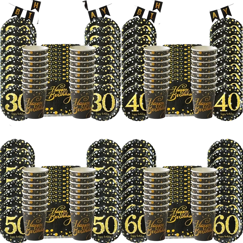 Black and gold disposable birthday party cups in glittery gold happy birthday script from 40th birthday tableware set