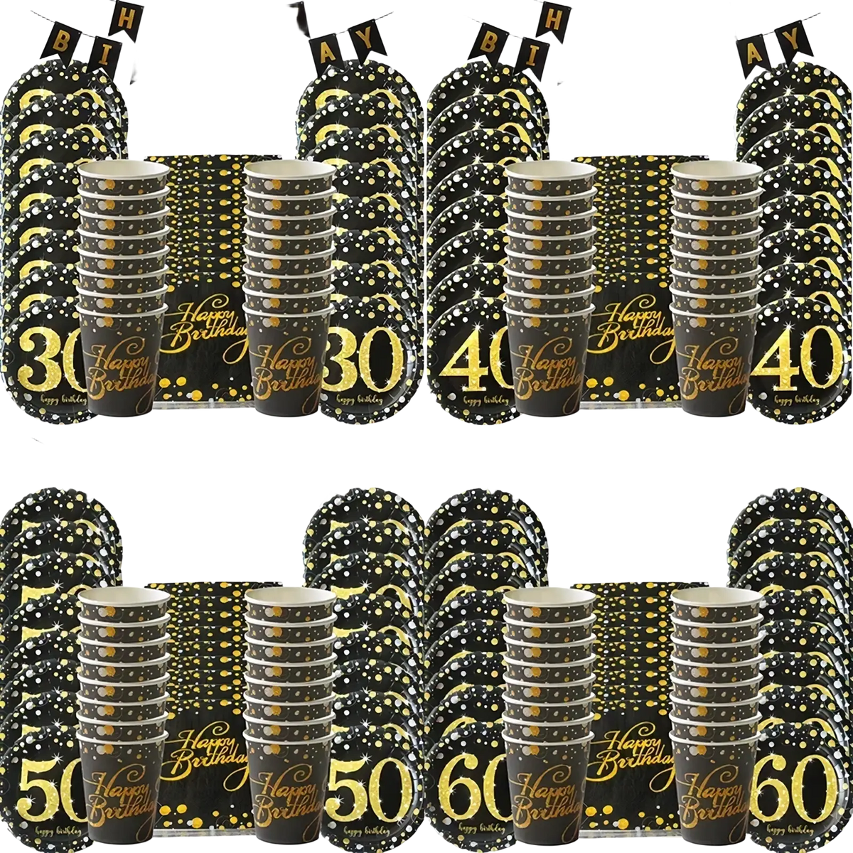 Black and gold disposable birthday party cups in glittery gold happy birthday script from 40th birthday tableware set
