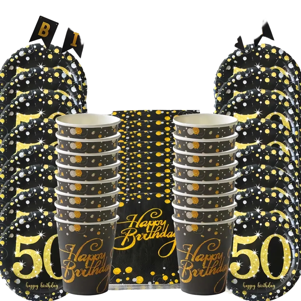 Black and gold glittery disposable partyware set with happy birthday text and 50 design for 40th birthday celebration