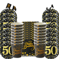 Black and gold glittery disposable partyware set with happy birthday text and 50 design for 40th birthday celebration