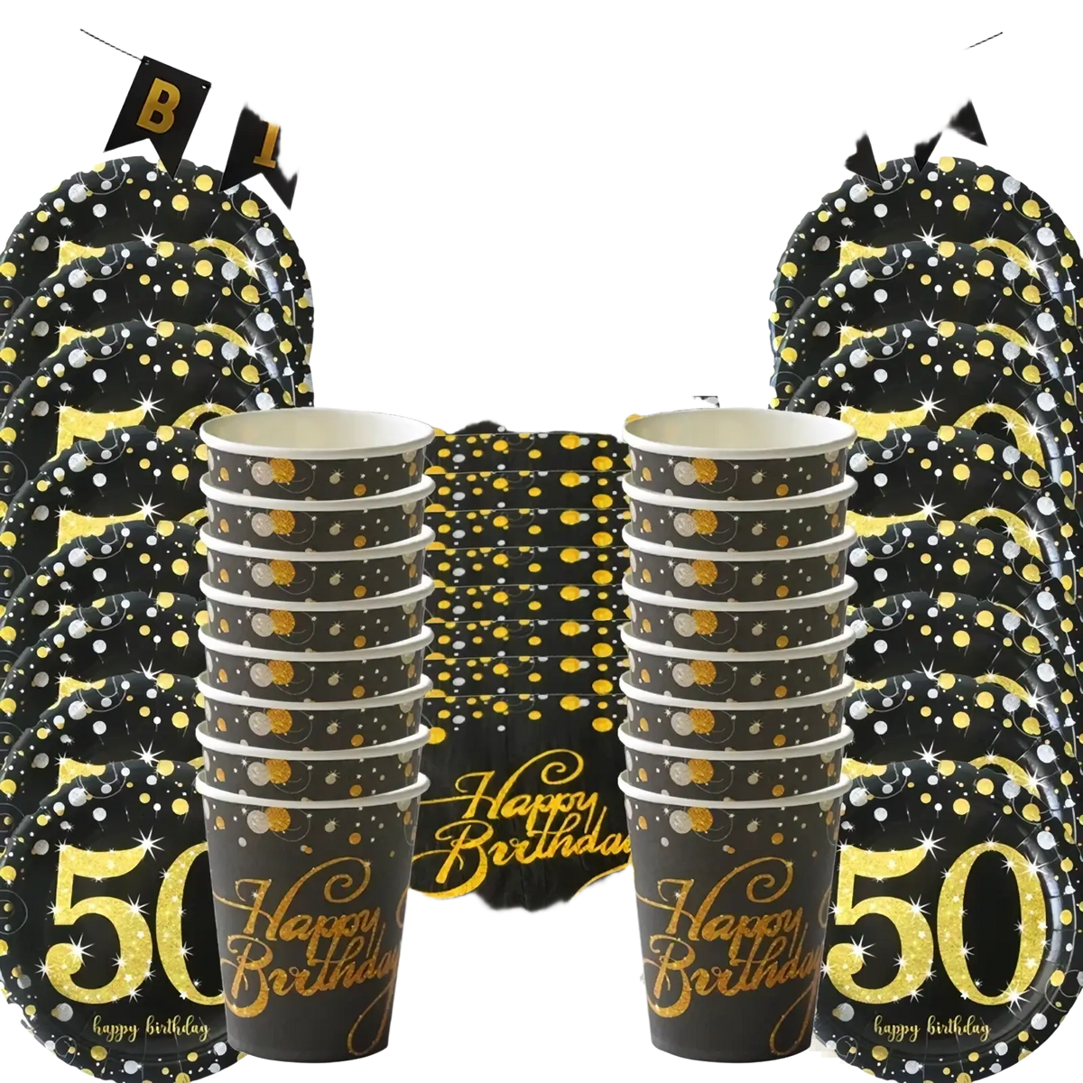 Black and gold glittery disposable partyware set with happy birthday text confetti patterns and prominent 50 design