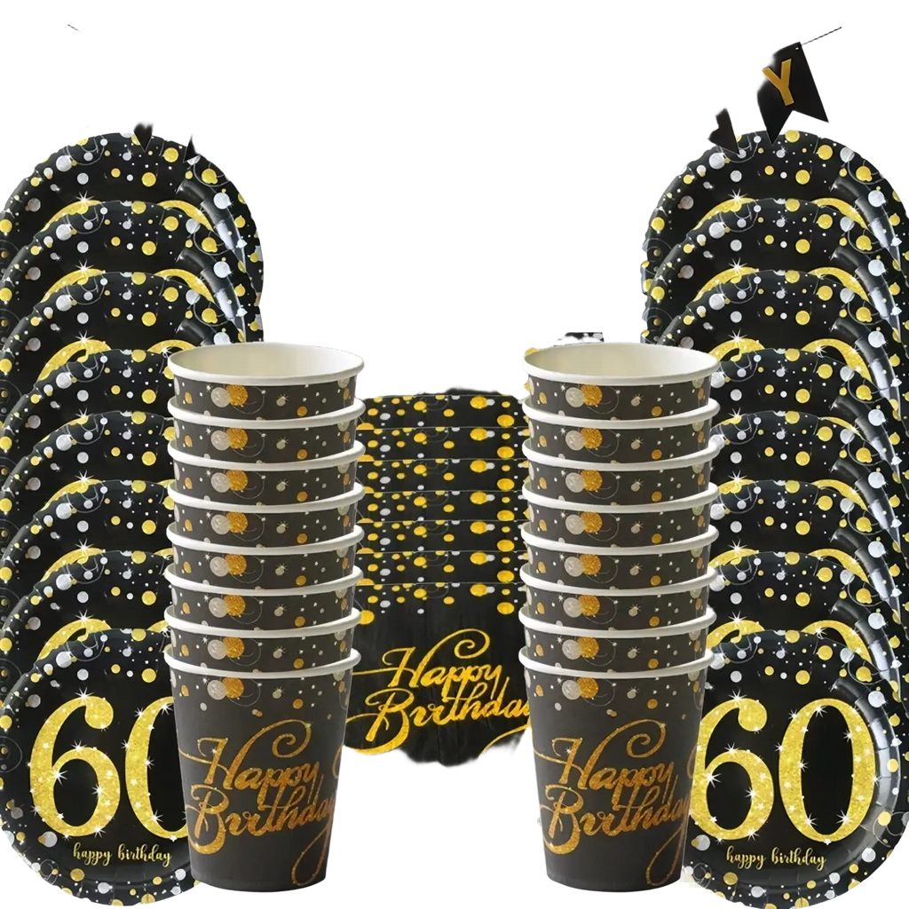 Black and gold glittery paper tableware set with happy birthday text golden confetti and a prominent 60 design for 40th birthday
