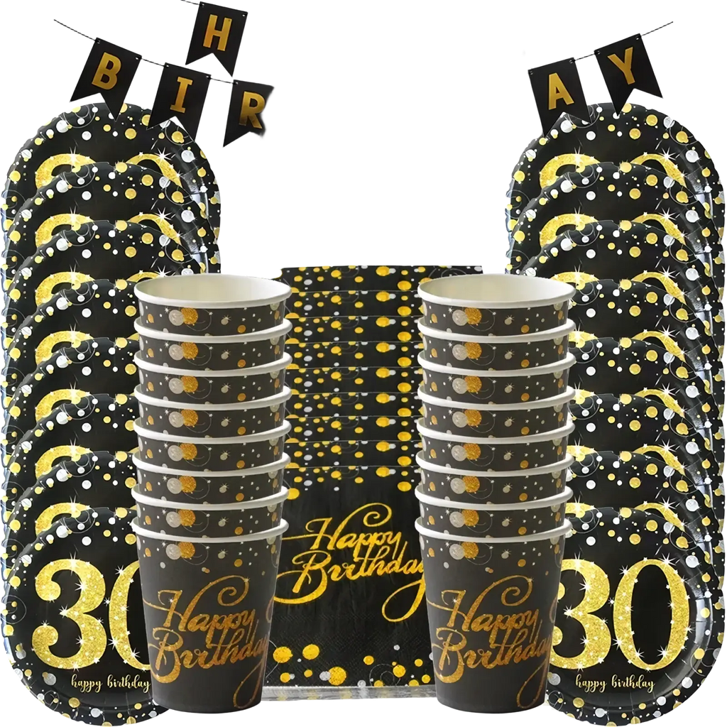 Black and gold glittery 40th birthday tableware set with plates cups and happy birthday banner for party decoration