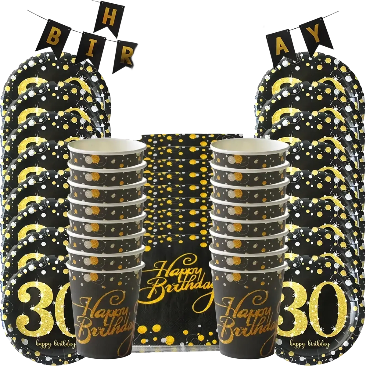 Black and gold glittery paper tableware set featuring happy birthday 30 printed on cups plates and banners for 40th birthday