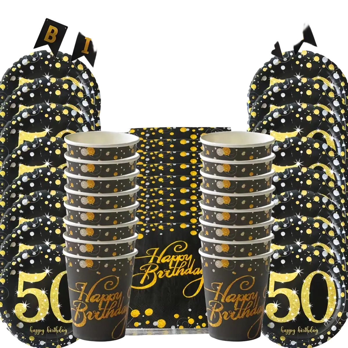 Black and gold glittery disposable partyware set with happy birthday text and 50 design for 40th birthday celebration