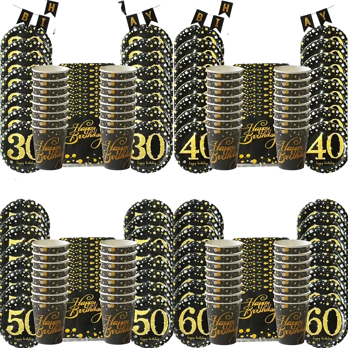 Black and gold glittery paper 40th birthday tableware set featuring happy birthday text with ages 30 40 50 and 60