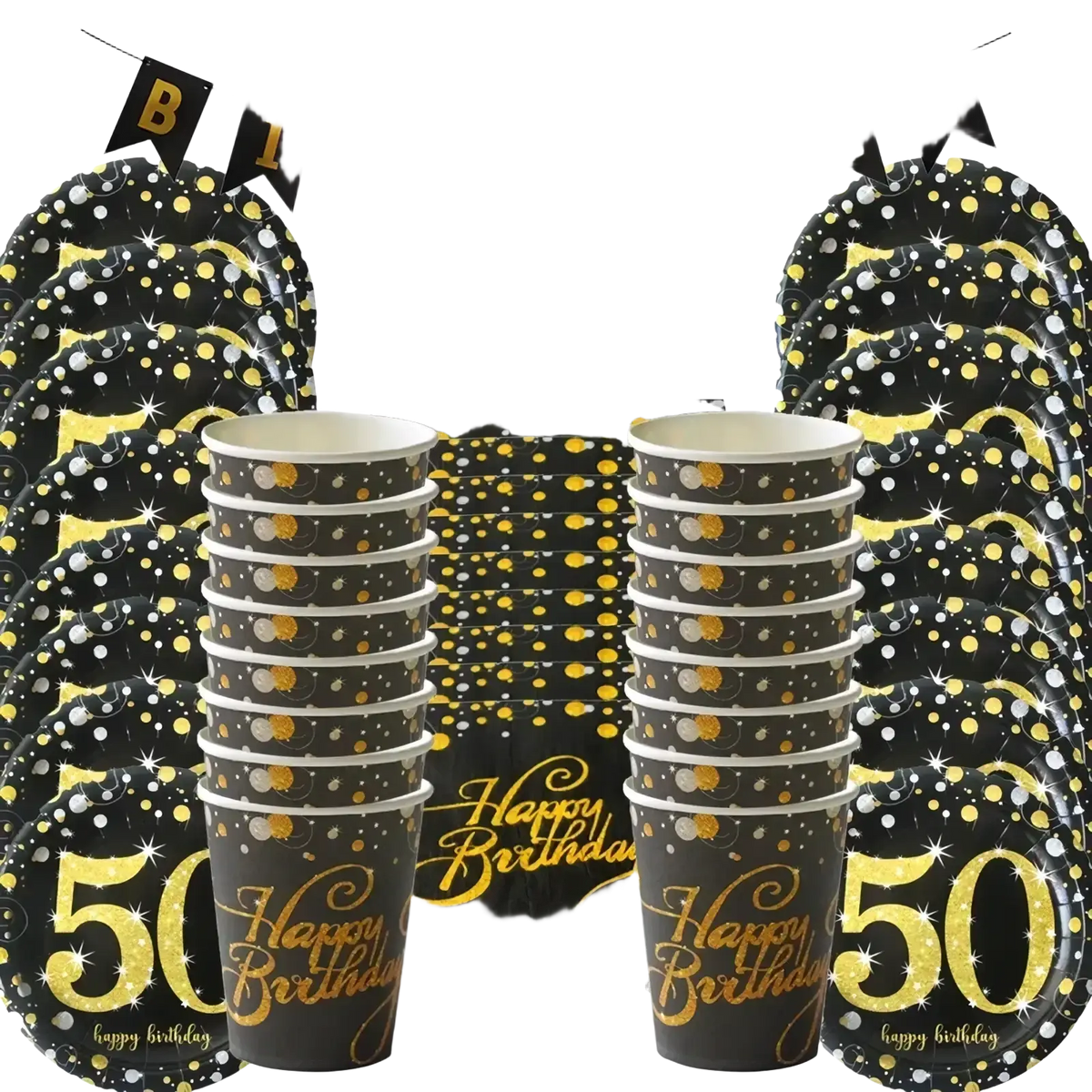 Black paper cups with gold and silver glitter polka dots from a 40th birthday tableware set featuring happy birthday and 50 design