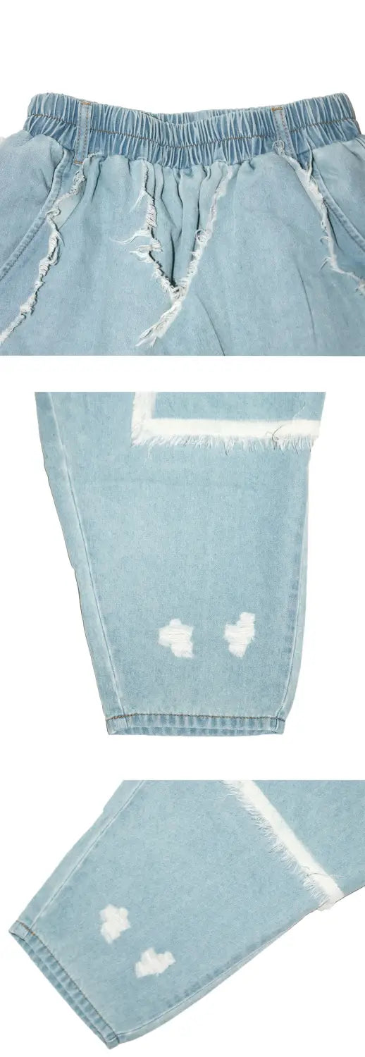 Helle Jeans-Haremshosen im Look „abgenutztes Patchwork“ mit ausgefransten Säumen und weißen, abgenutzten Patches.