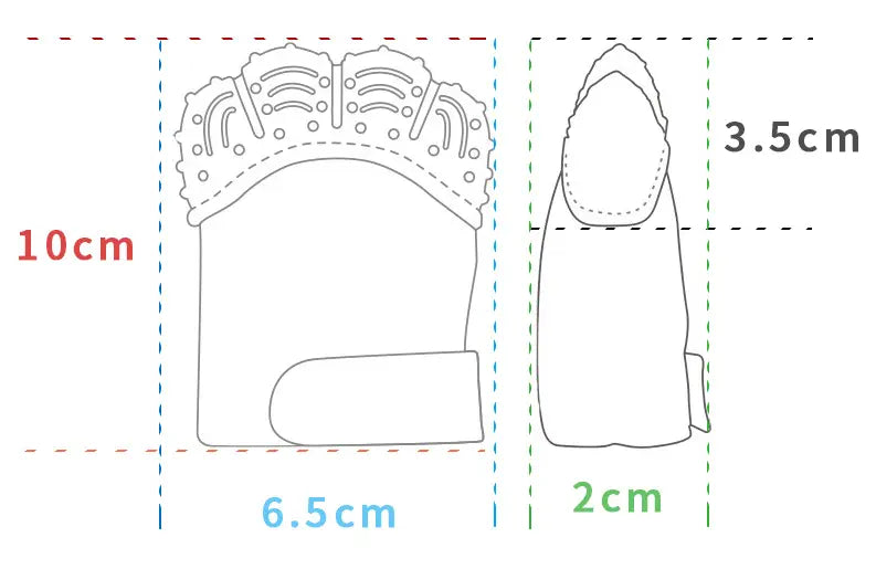 a decorative lace-trimmed silicone mitten with a scalloped edge and intricate patterns designed as a baby teether and molar toy for infants