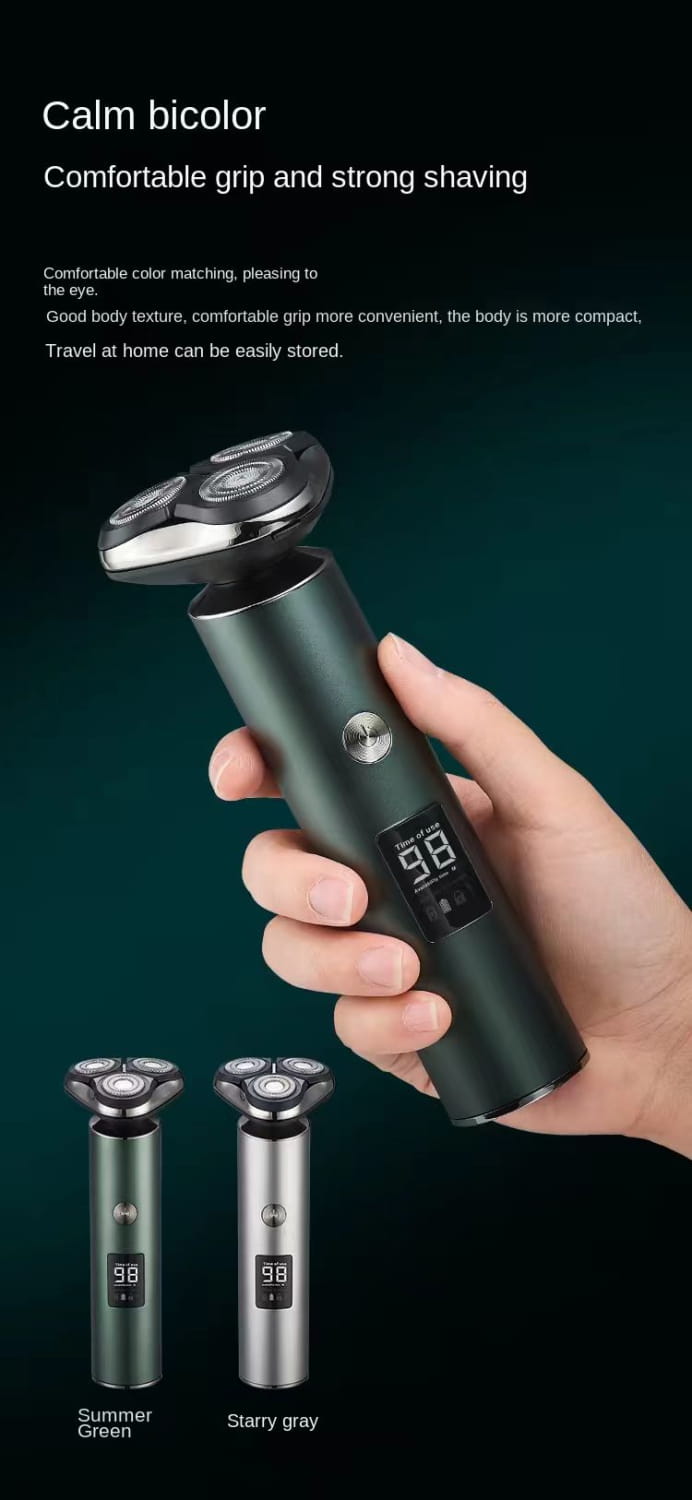 Rasoir électrique pour homme à triple tête, rasoir portable vert foncé et argent, au design compact élégant pour un toilettage efficace.