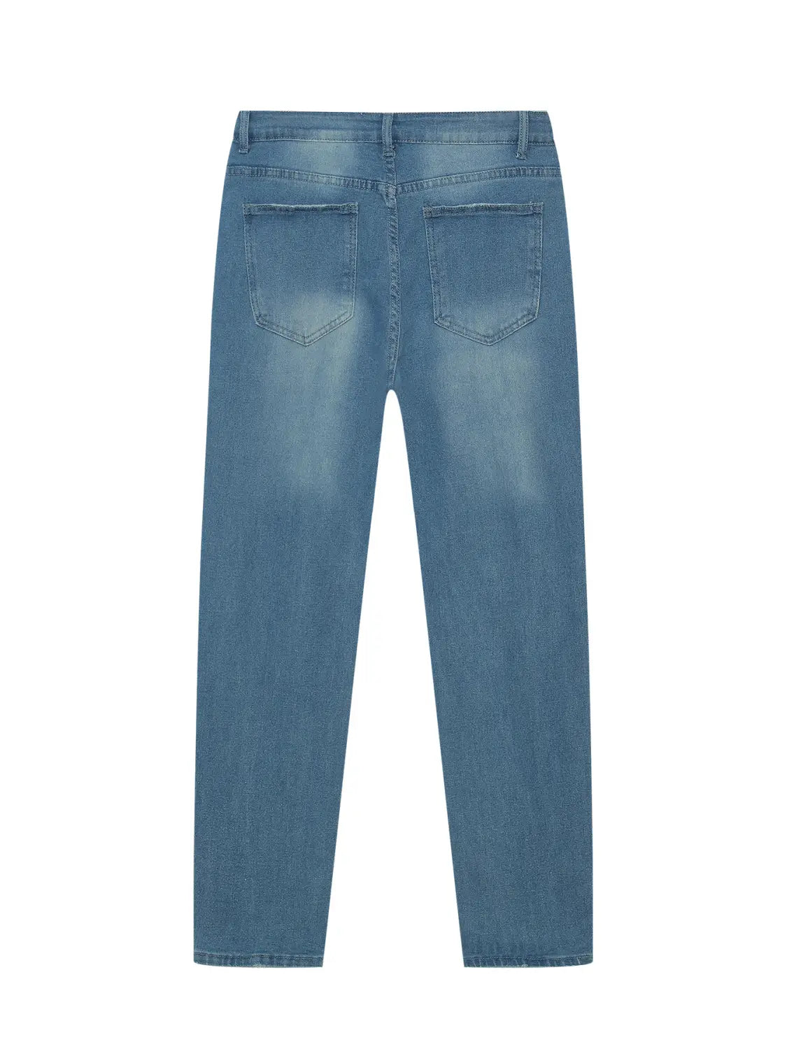 men’s distressed slim fit stretch denim jeans in light-wash denim with a straight-leg cut and classic back pockets shown from the back side