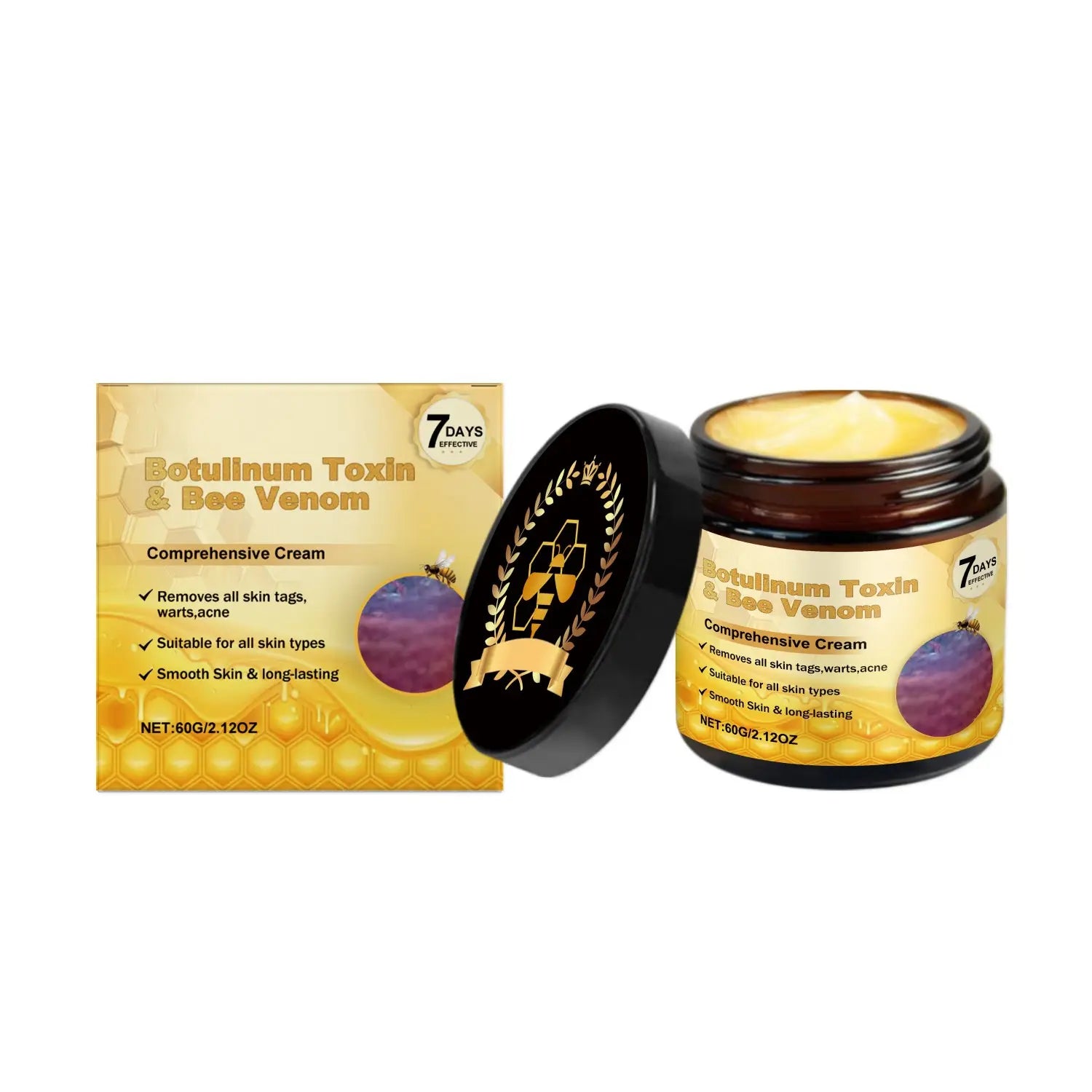 Skin repair cream with bee venom and hexapeptide in a golden-hued botulinum toxin and bee venom comprehensive formula presented in a dark amber jar with black lid alongside a honeycomb-patterned box.