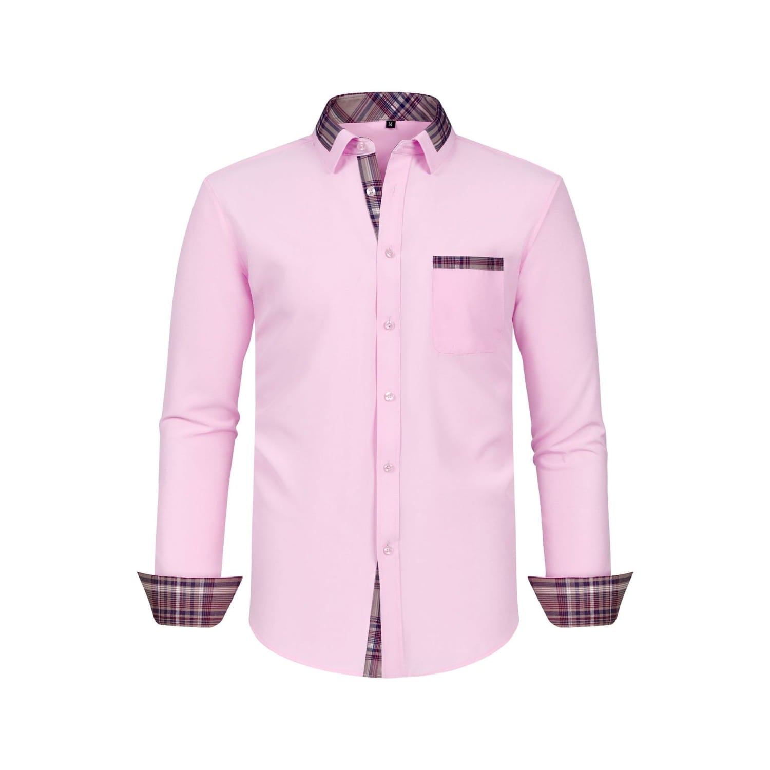 Herren-Kontrast-Karierte-Langarm-Anzughemd in Pink mit dunkelviolettem und weißem Karomuster-Kragen, Manschetten und Taschenbesatz.