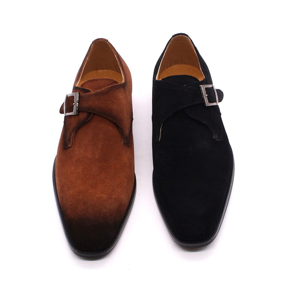 Handmade brown suede monk strap shoes with dark brown toe cap and silver buckle for men’s business casual wear.