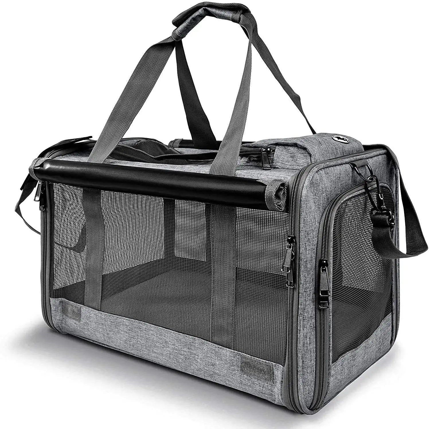 Gray breathable oxford pet carrier shoulder bag with black handles zippers and sturdy frame for safe transport made of mesh material.