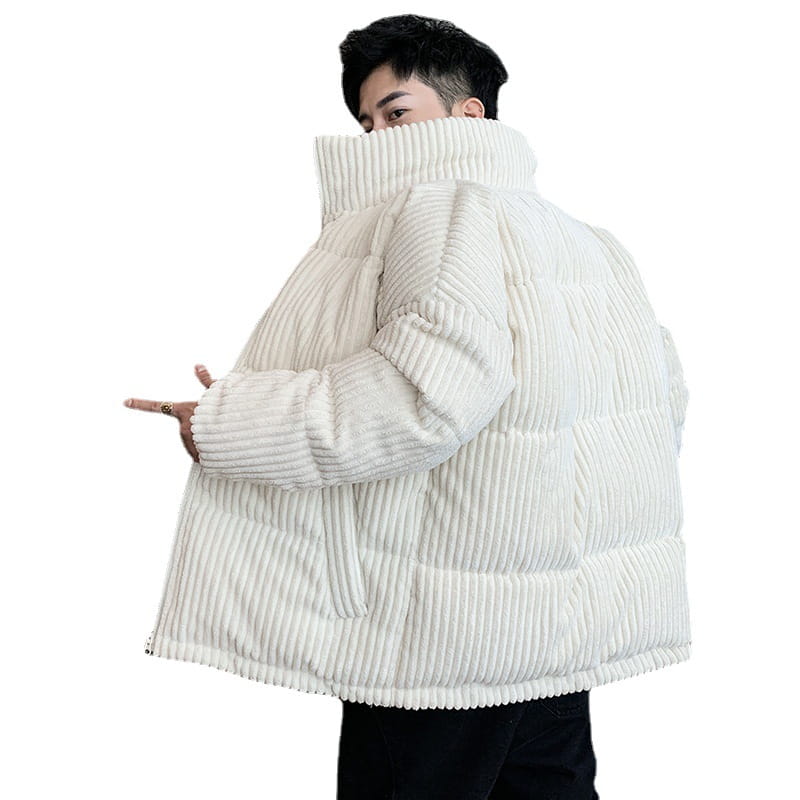 White corduroy men’s puffer jacket with thickened quilted panels and a high ribbed collar designed for warmth and style.