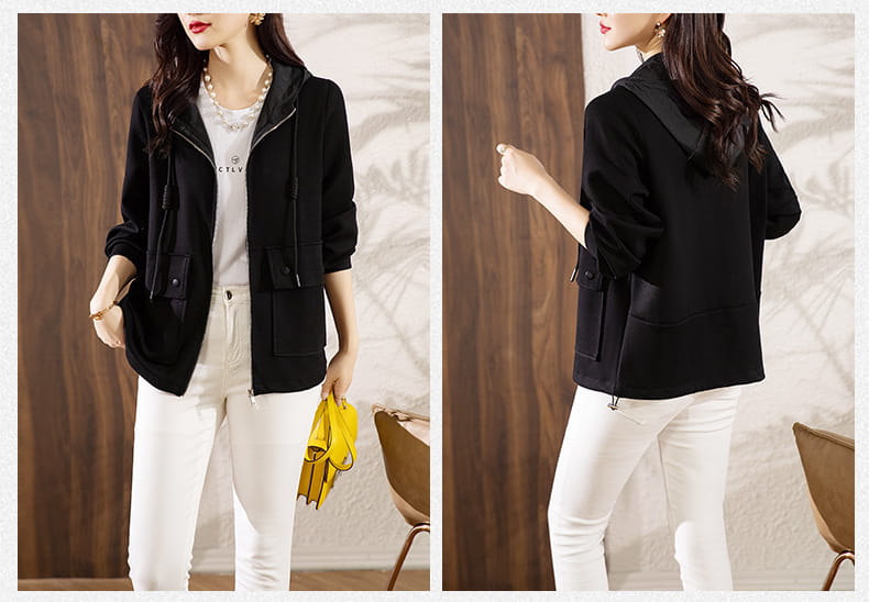 Schwarze Kapuzenjacke mit Reißverschluss vorne und seitlichen Taschen, aus der Vorderansicht dargestellt, in einer Produktauflistung zur beigen Kapuzen-Cropped-Jacke.