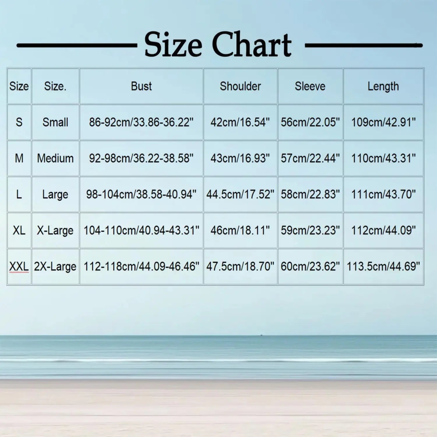 Size chart displaying measurements for women slim fit button front cardigan in sizes S through XXL.