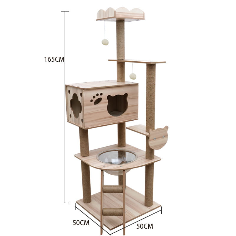 A light wood wooden cat tree scratching post and condo with playful paw print and face cutouts on the main platform sisal wrapped scratching posts and a glass bowl at its base.