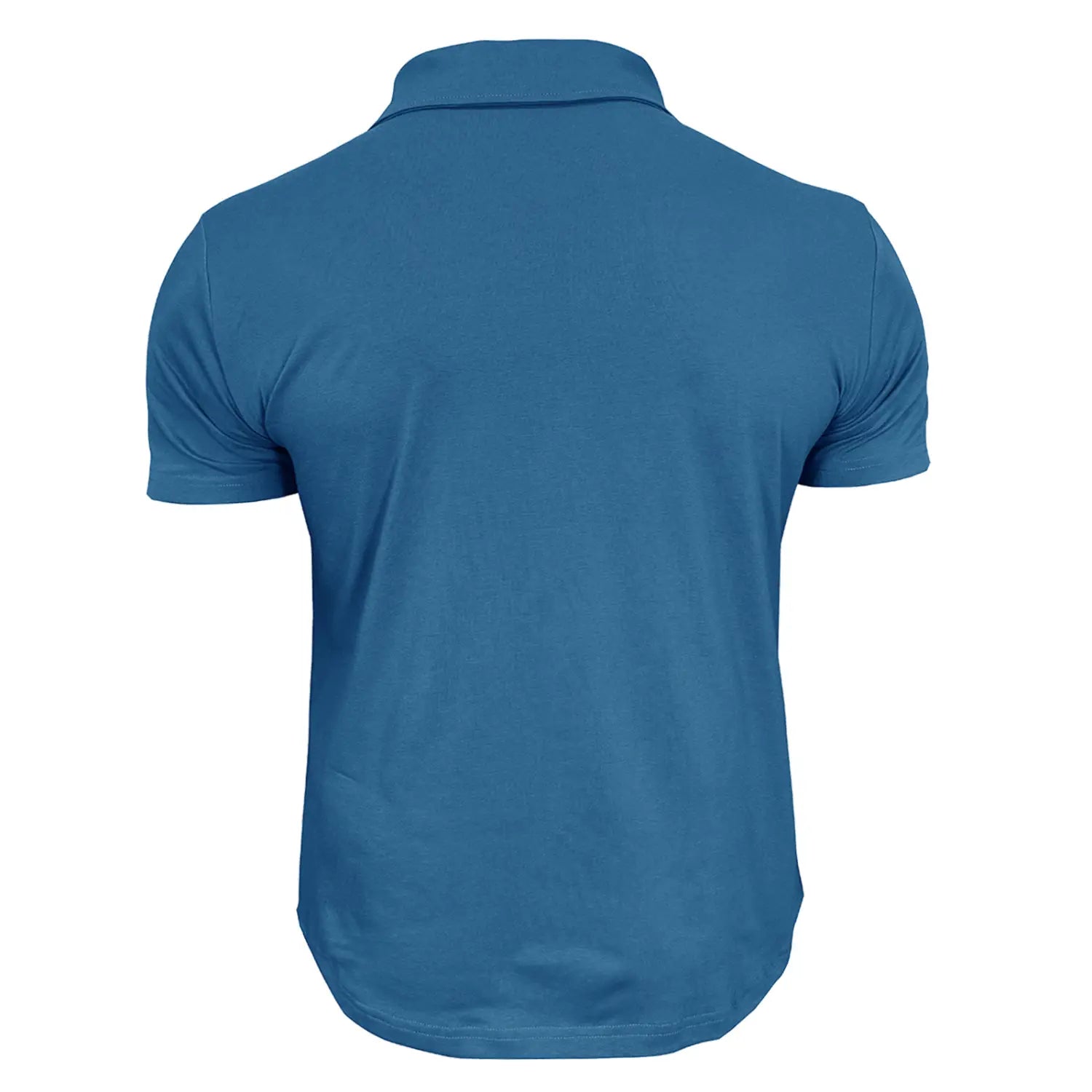 Blue short-sleeved men’s polo shirt with a classic collar made from a cotton blend fabric featuring dual pockets.