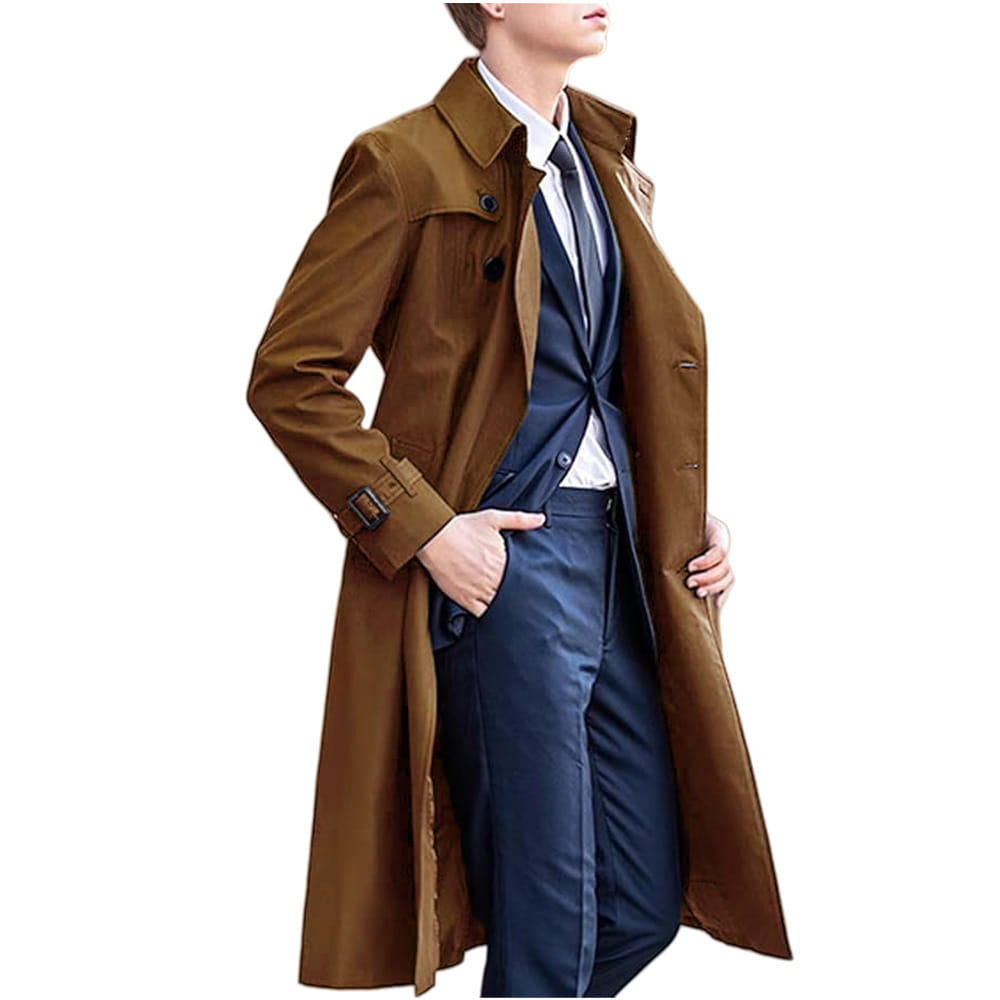 brown trench coat with a classic collar black buttons and adjustable belt straps featured in a men solid color long trench coat product.