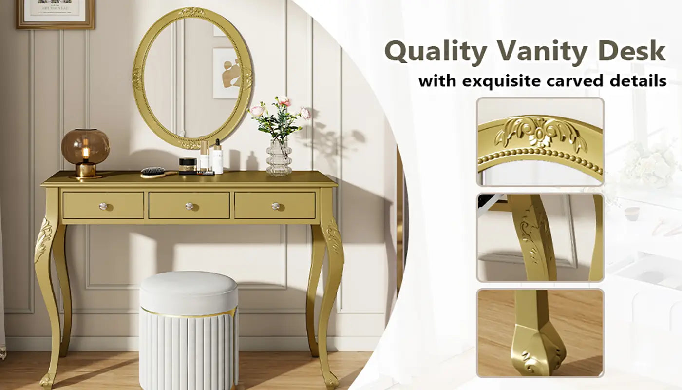 Gold finished vanity desk with elegant carved details three drawers and an oval mirror designed for makeup application.