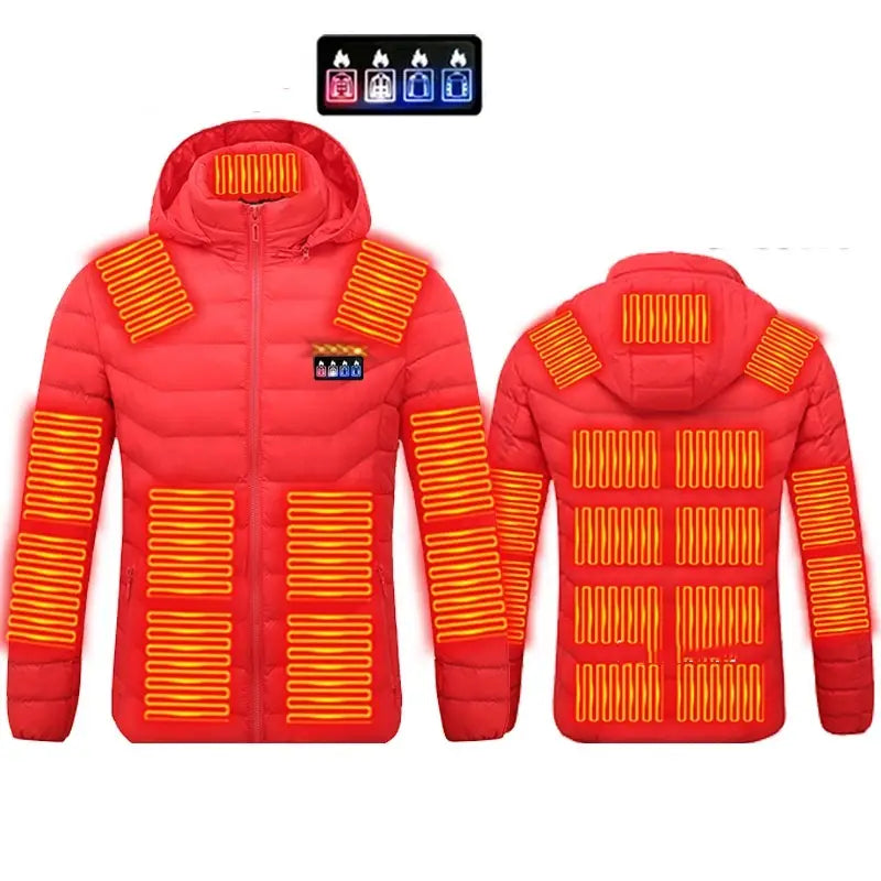 Damen-Heizsteppjacke aus Baumwolle in Rot mit orangefarben leuchtenden Heizpaneelen und Bedienfeld auf der Brust.