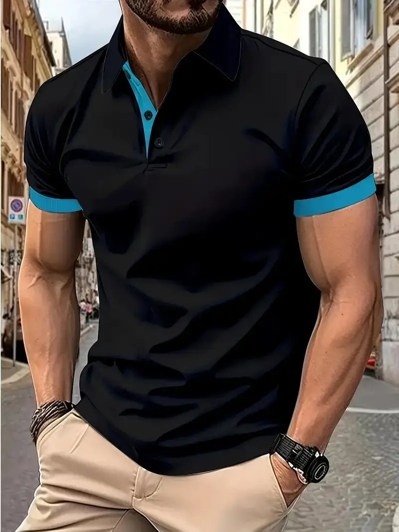 Schwarzes Kontrast-Herren-Poloshirt mit türkisfarbenem Kragen und Ärmelmanschetten aus atmungsaktivem Stoff für den Freizeitgebrauch.