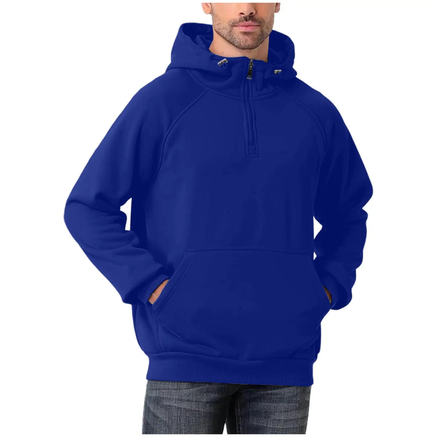 Herren-Casual Royalblauer Half-Zip-Pulloverhoodie mit Fronttasche und Kapuze für den täglichen Gebrauch.
