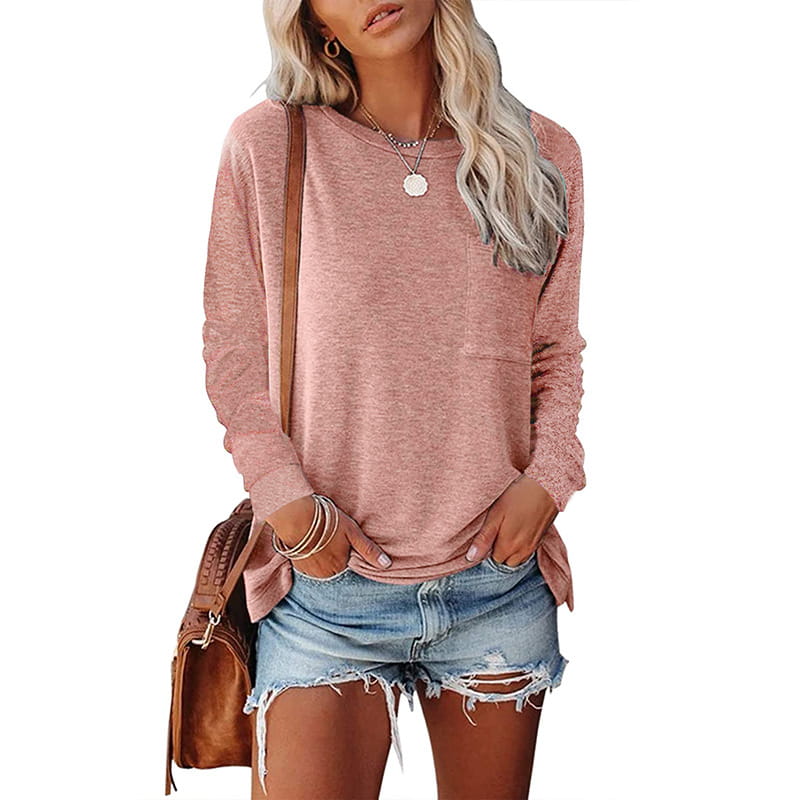 A soft dusty rose relaxed pocket knit long sleeve t shirt with a relaxed fit and subtle texture.