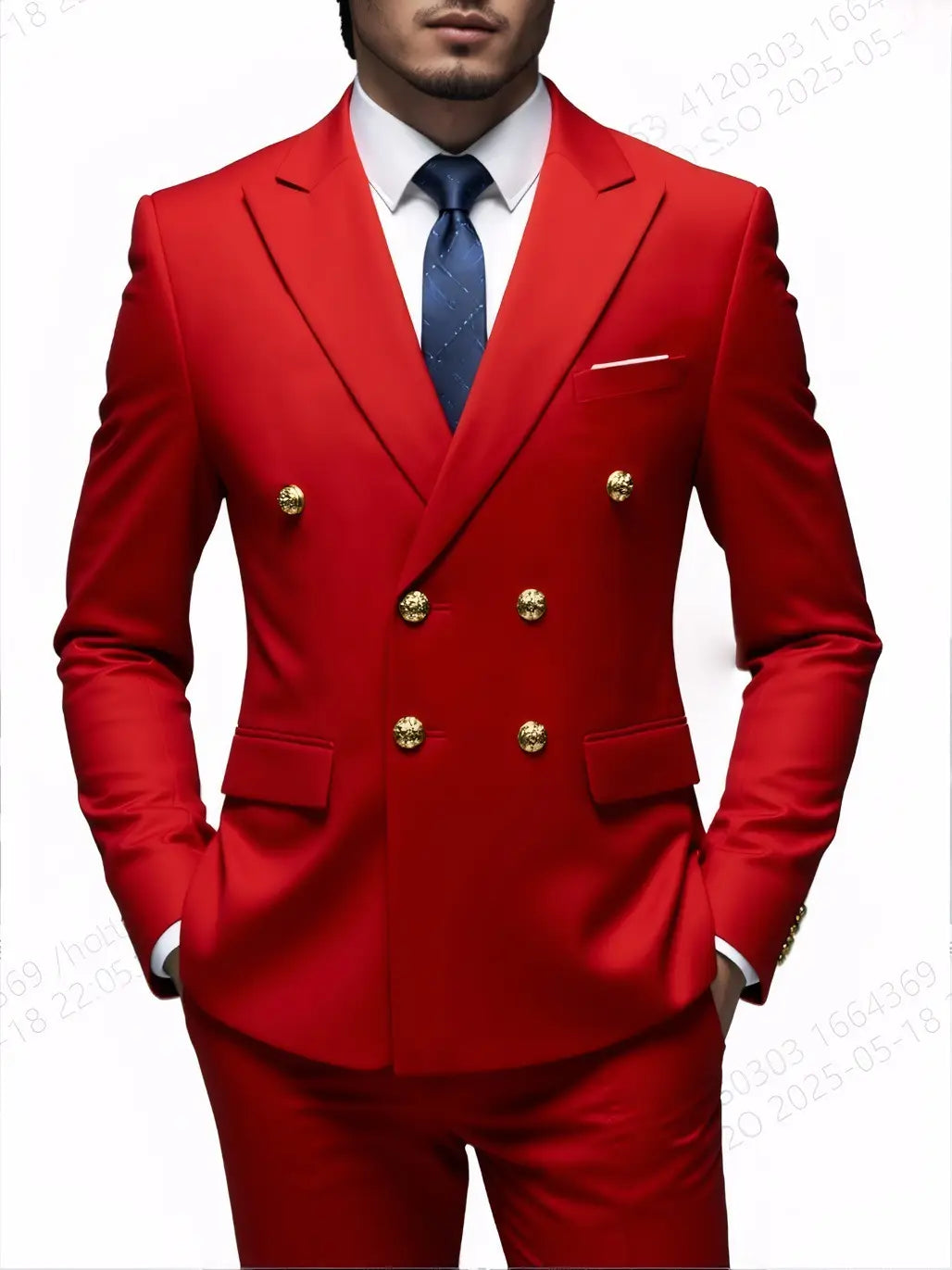 Costume homme non repassable à double boutonnage rouge, doté de boutons dorés, pour un look formel élégant
