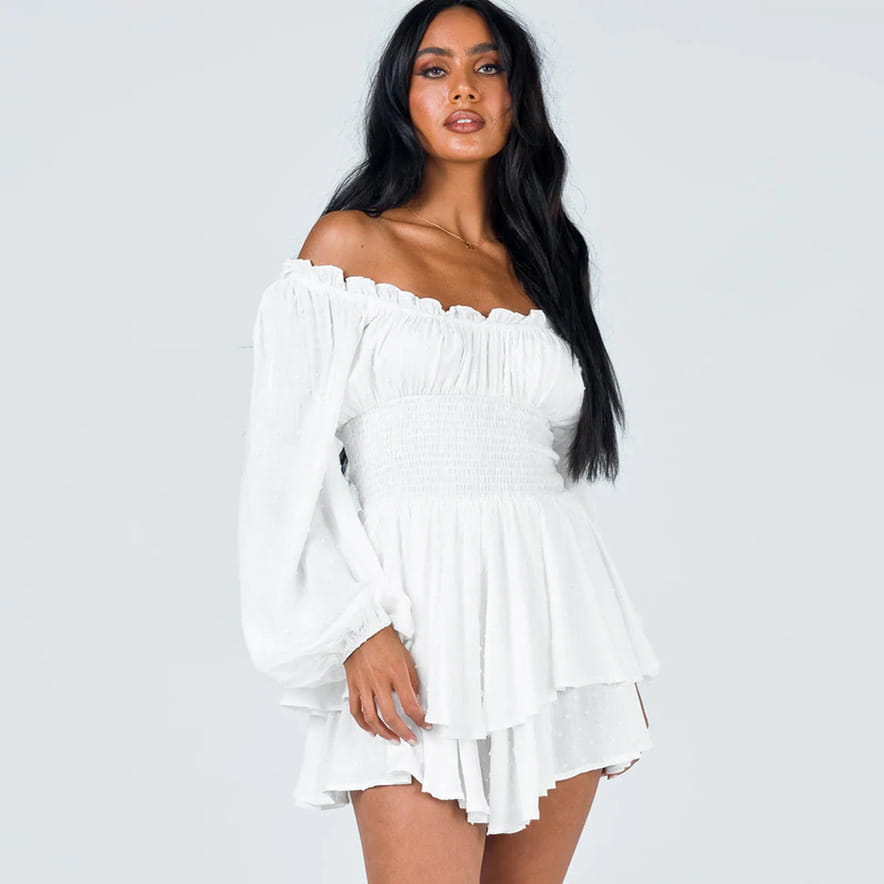 white off-the-shoulder long sleeve mini dress with smocked bodice and tiered ruffle skirt perfect for casual and semi-formal occasions